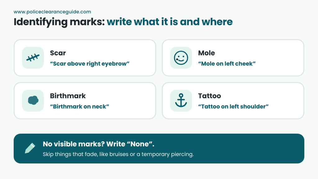 Identifying marks examples: a scar, a mole, a birthmark and a tattoo, each with its location