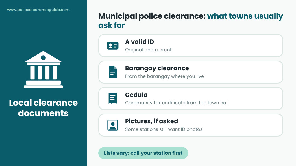 Municipal police clearance requirements: valid ID, barangay clearance and proof of residence on a desk