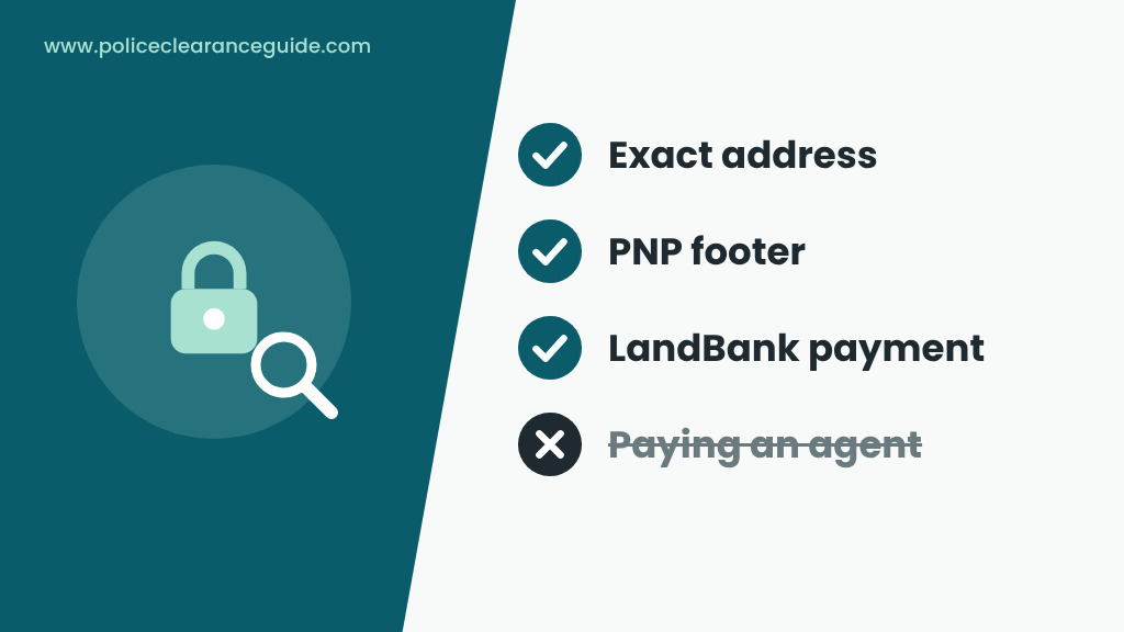 Checks for the real PNP clearance website: exact address, PNP footer and LandBank payment page