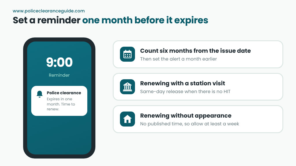 Phone reminder set one month before a police clearance expiration date