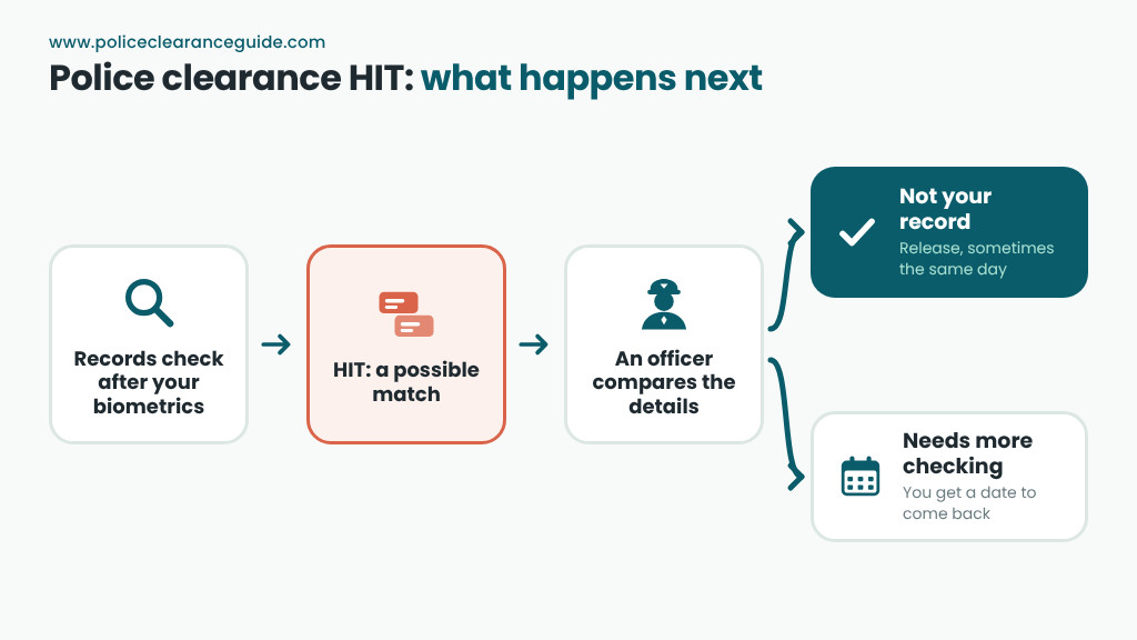 Police clearance HIT process: a name match sends the application to a manual check