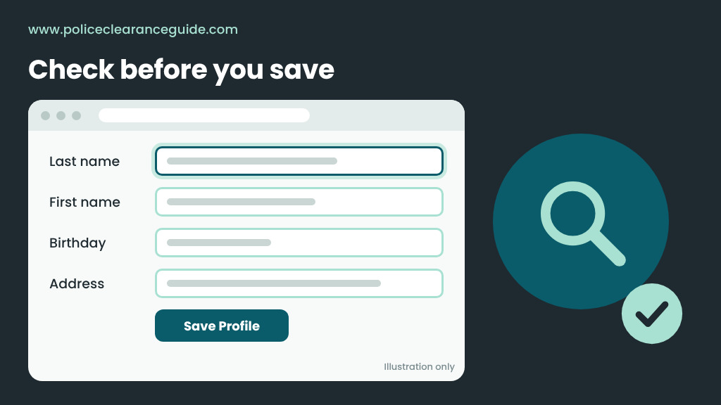 Profile step of a police clearance online application: check your name, birthday and address before saving