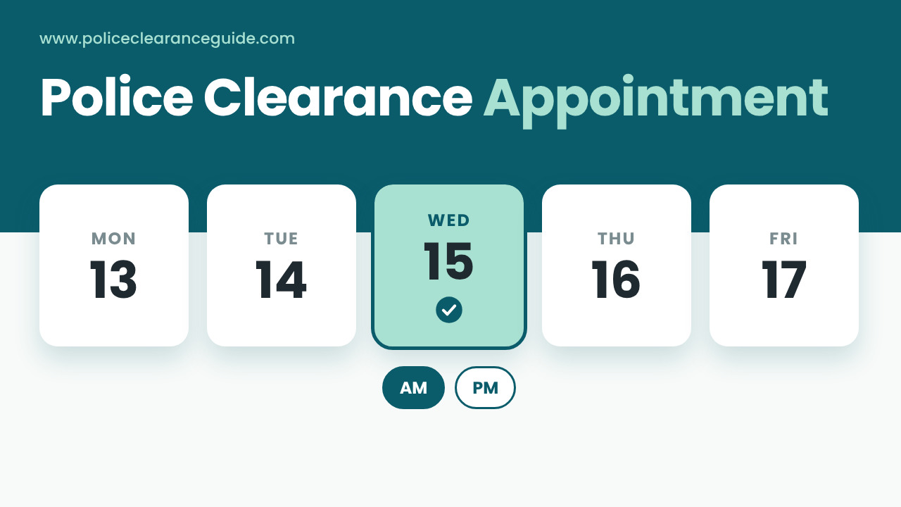 Calendar week with one date picked and AM and PM sessions for a police clearance online appointment