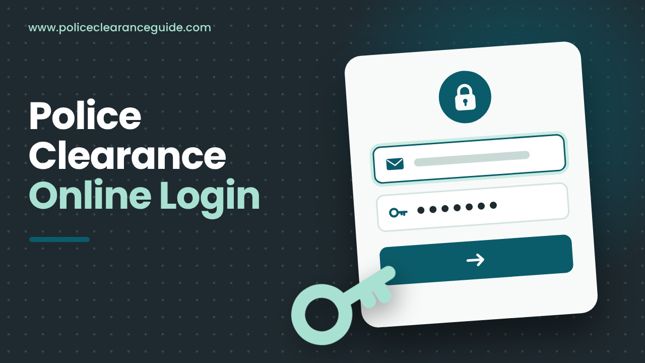 Police clearance online login card with email and password fields and a key on a dark background