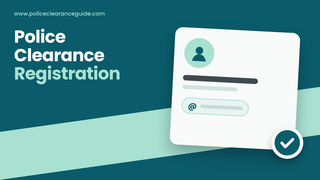 New account card with a profile icon, an email field and a check mark for police clearance online registration