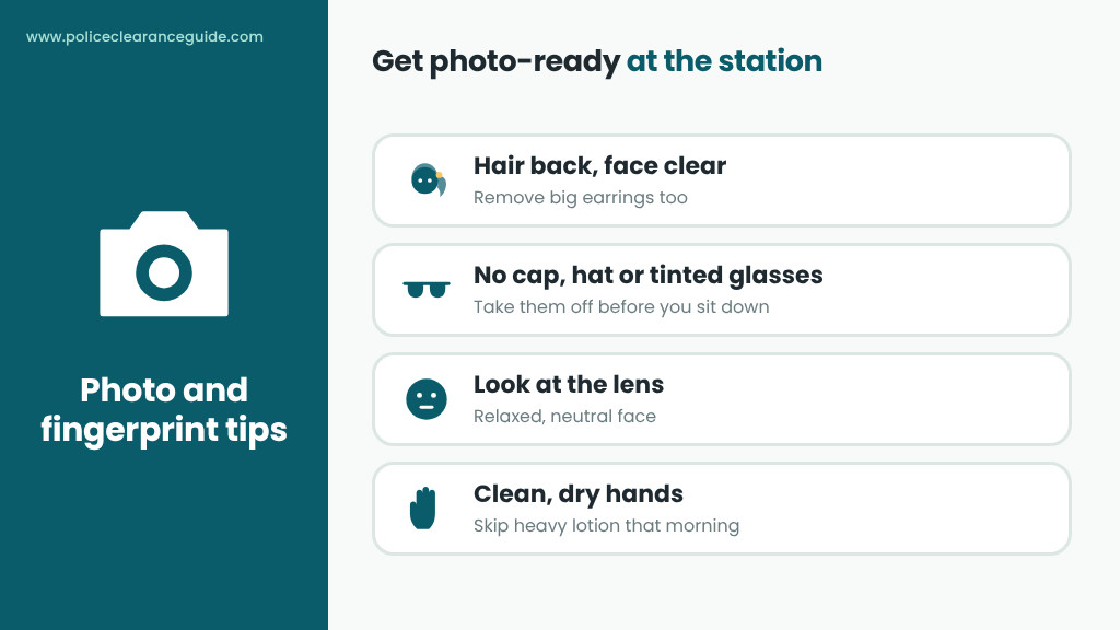 Photo and fingerprint tips: hair away from the face and clean hands for a clear capture