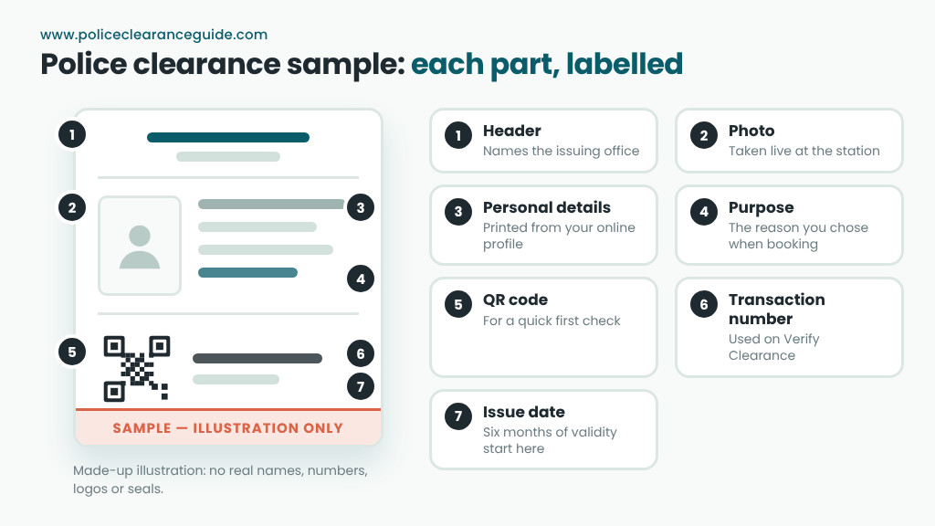 Police clearance sample with labels for the photo, personal details, purpose, QR code and transaction number