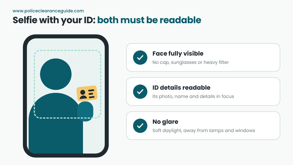 Selfie holding a valid ID for a renewal, with the face and the ID details both readable
